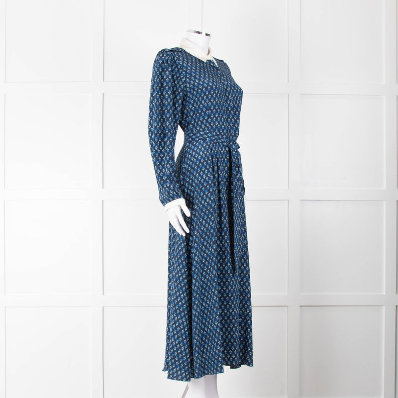Beulah Navy Blue Floral Cream Collar Trim Maxi Dress