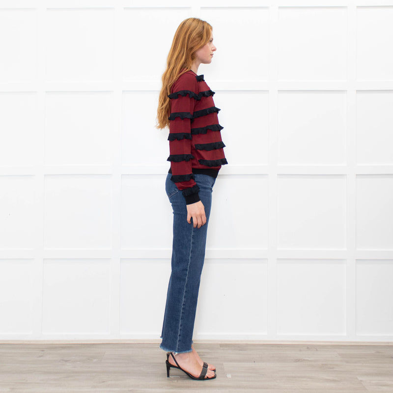 Red Valentino Black Red Striped Frilled Long Sleeve Top