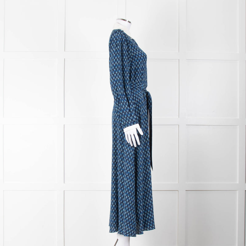 Beulah Navy Blue Floral Cream Collar Trim Maxi Dress