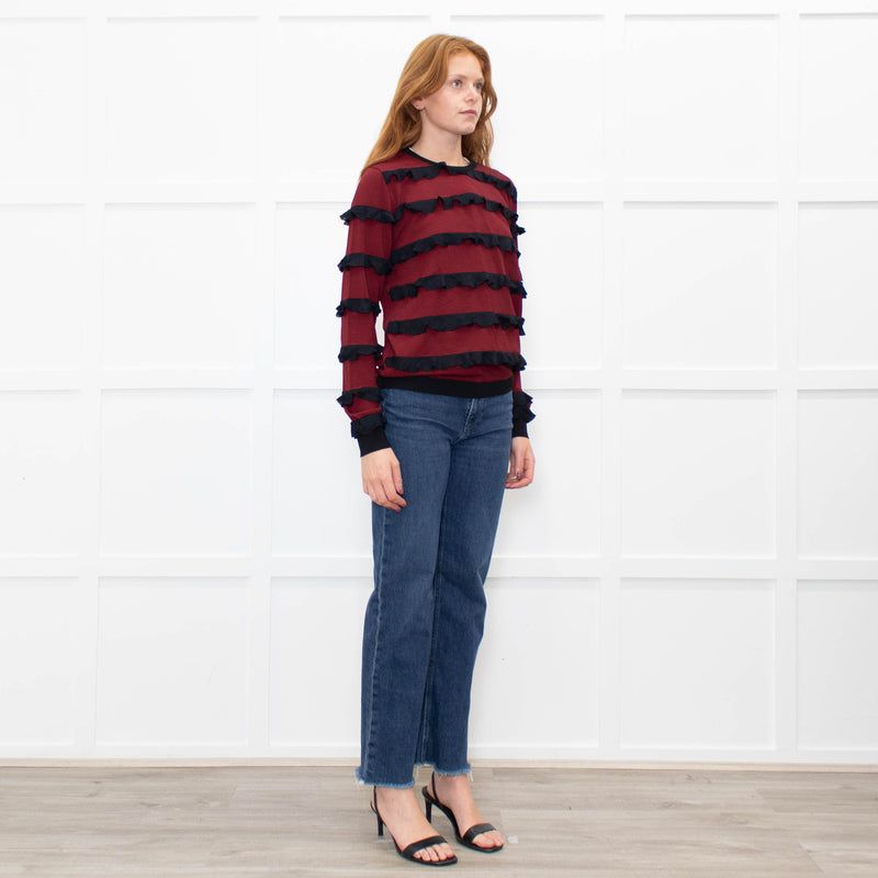 Red Valentino Black Red Striped Frilled Long Sleeve Top