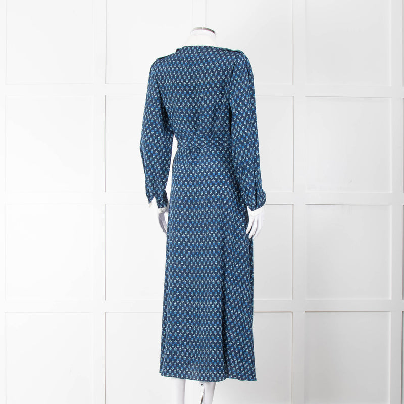 Beulah Navy Blue Floral Cream Collar Trim Maxi Dress