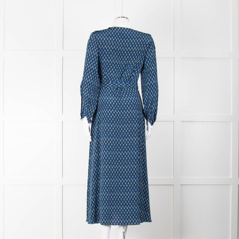 Beulah Navy Blue Floral Cream Collar Trim Maxi Dress