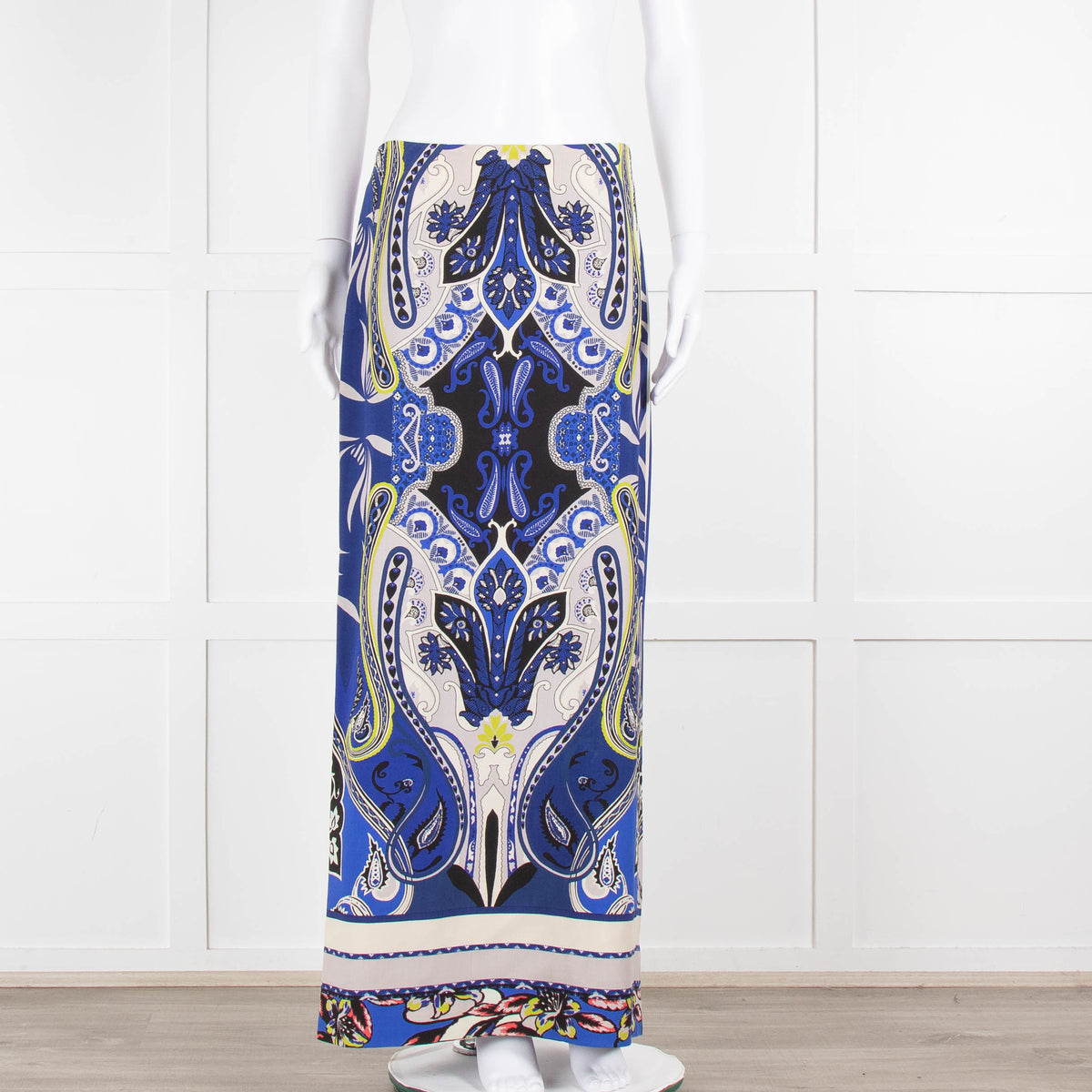 Etro Royal Blue Grey Paisley Straight Long Skirt