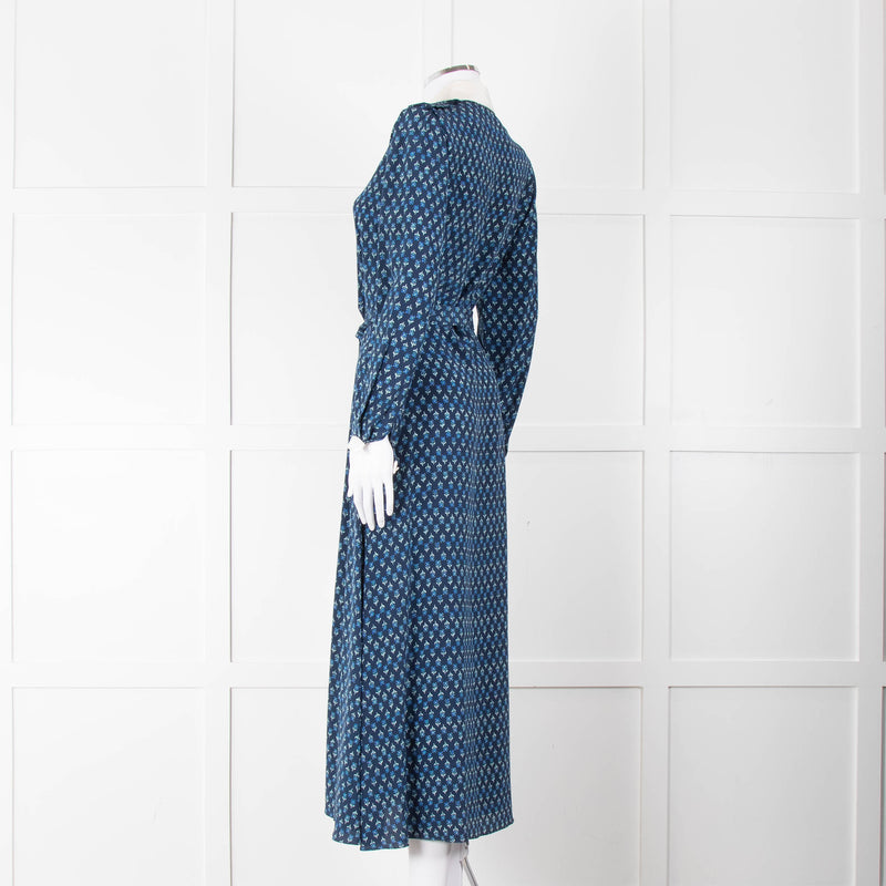 Beulah Navy Blue Floral Cream Collar Trim Maxi Dress