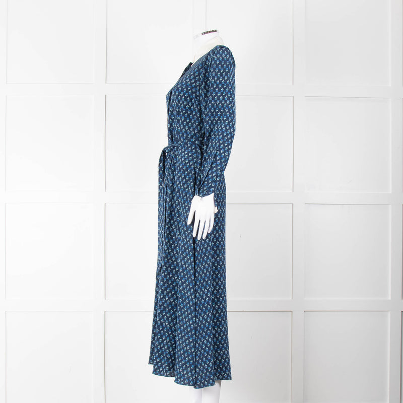 Beulah Navy Blue Floral Cream Collar Trim Maxi Dress