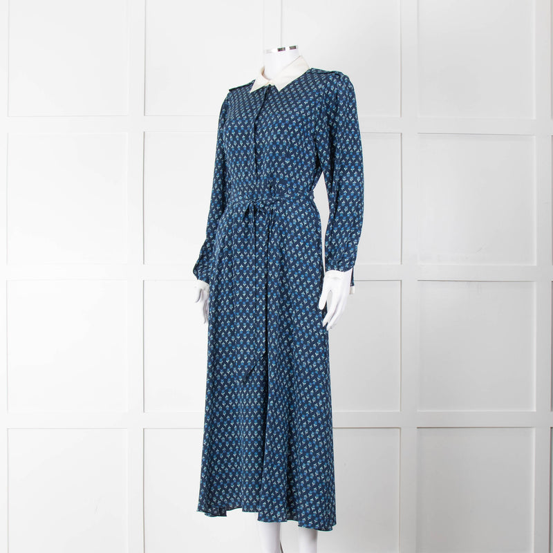 Beulah Navy Blue Floral Cream Collar Trim Maxi Dress