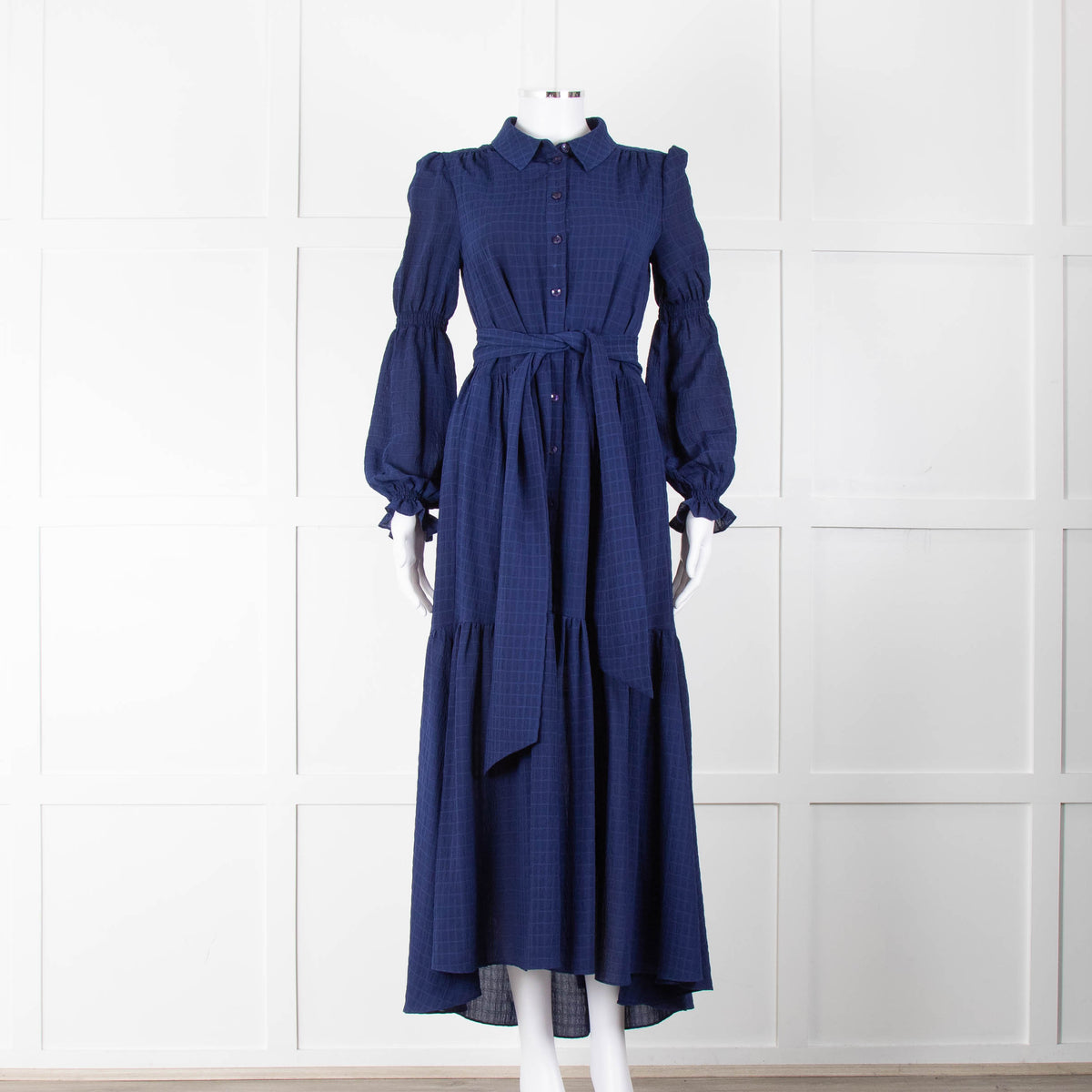 ME + EM Blue Tiered Long Sleeve Belted Maxi Dress