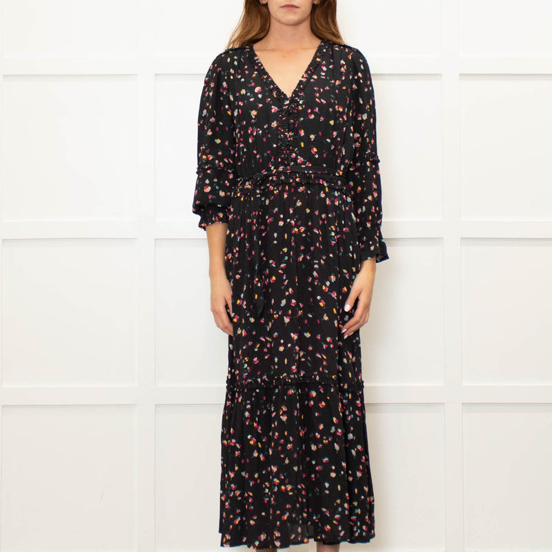 Wyse Black Multi Flower Print Full Length V Neck Dress