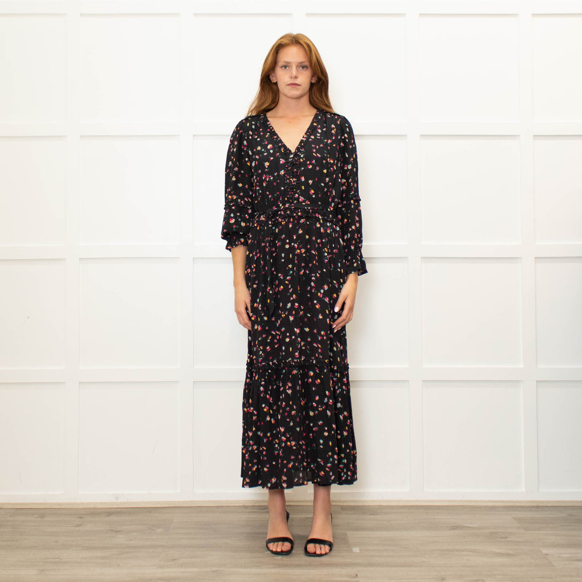 Wyse Black Multi Flower Print Full Length V Neck Dress