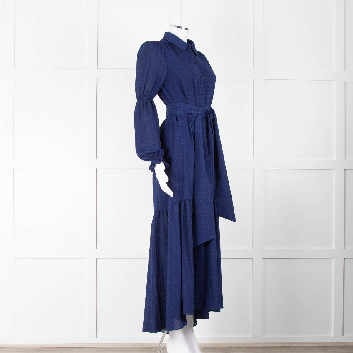 ME + EM Blue Tiered Long Sleeve Belted Maxi Dress