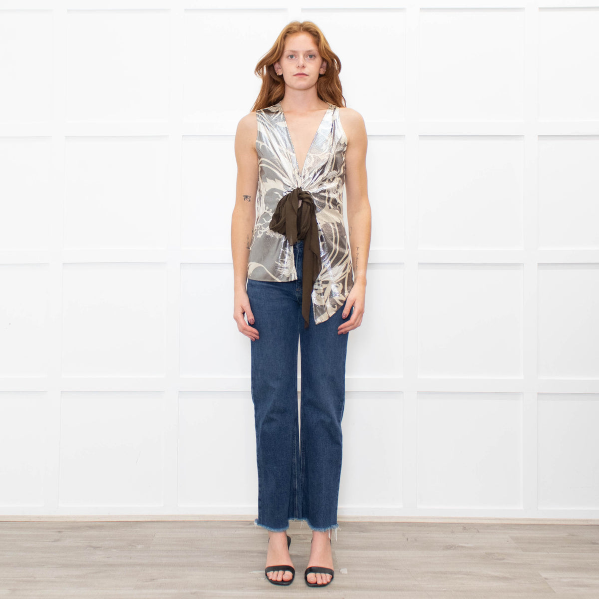 Sportmax Metallic Floral Sleeveless Tie Up Front Top