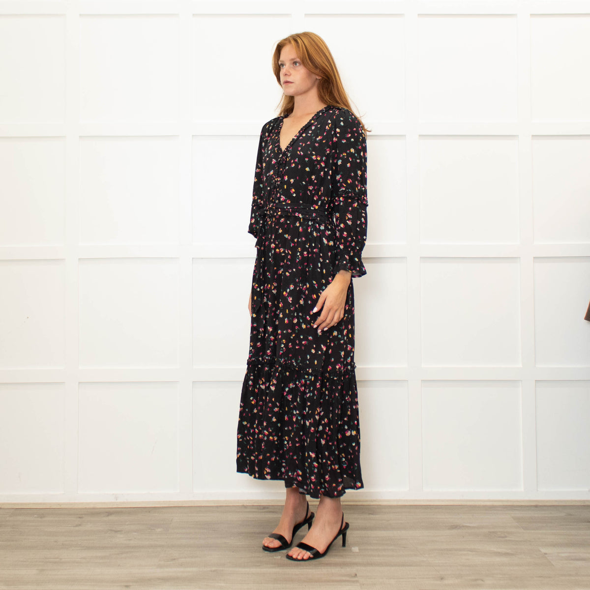 Wyse Black Multi Flower Print Full Length V Neck Dress