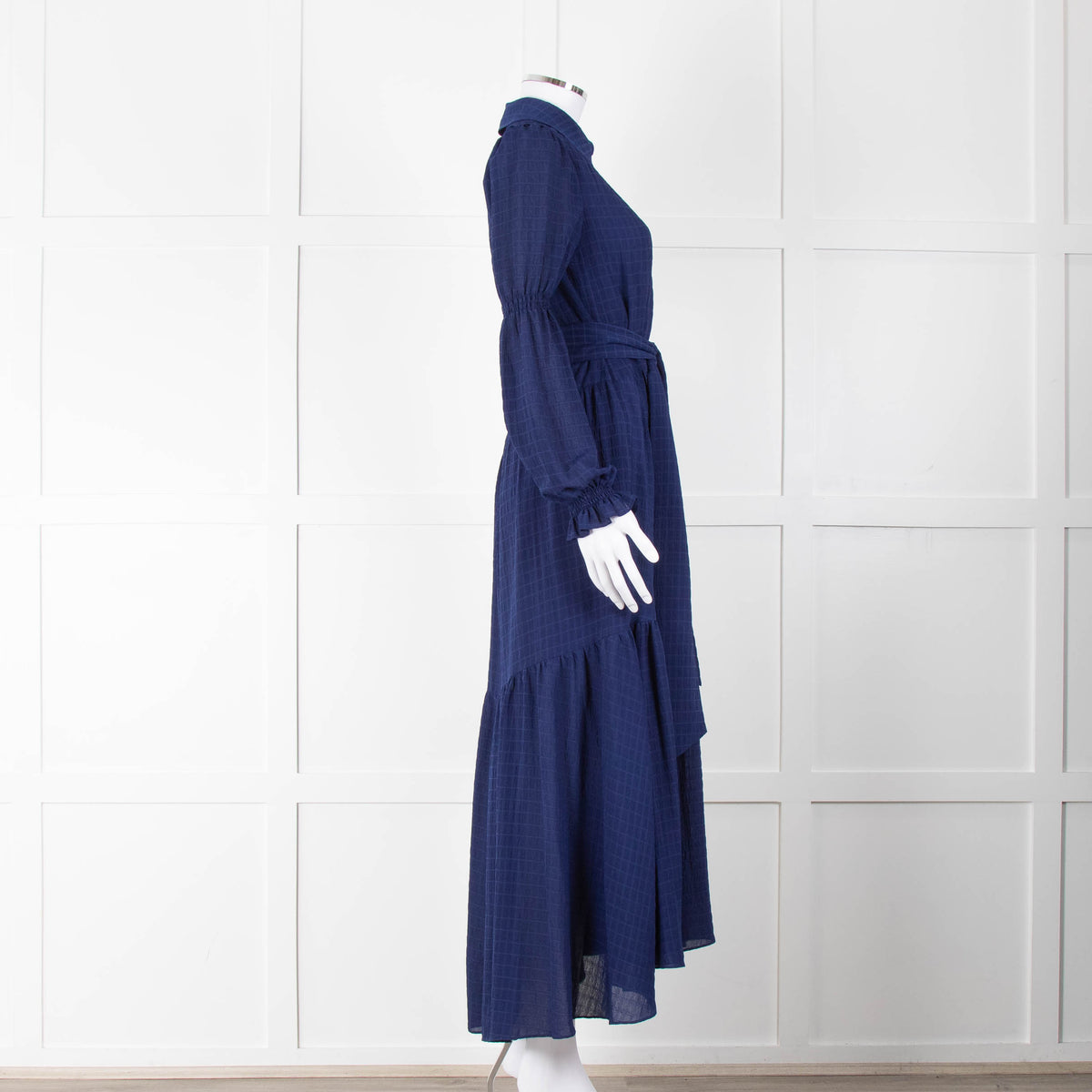ME + EM Blue Tiered Long Sleeve Belted Maxi Dress