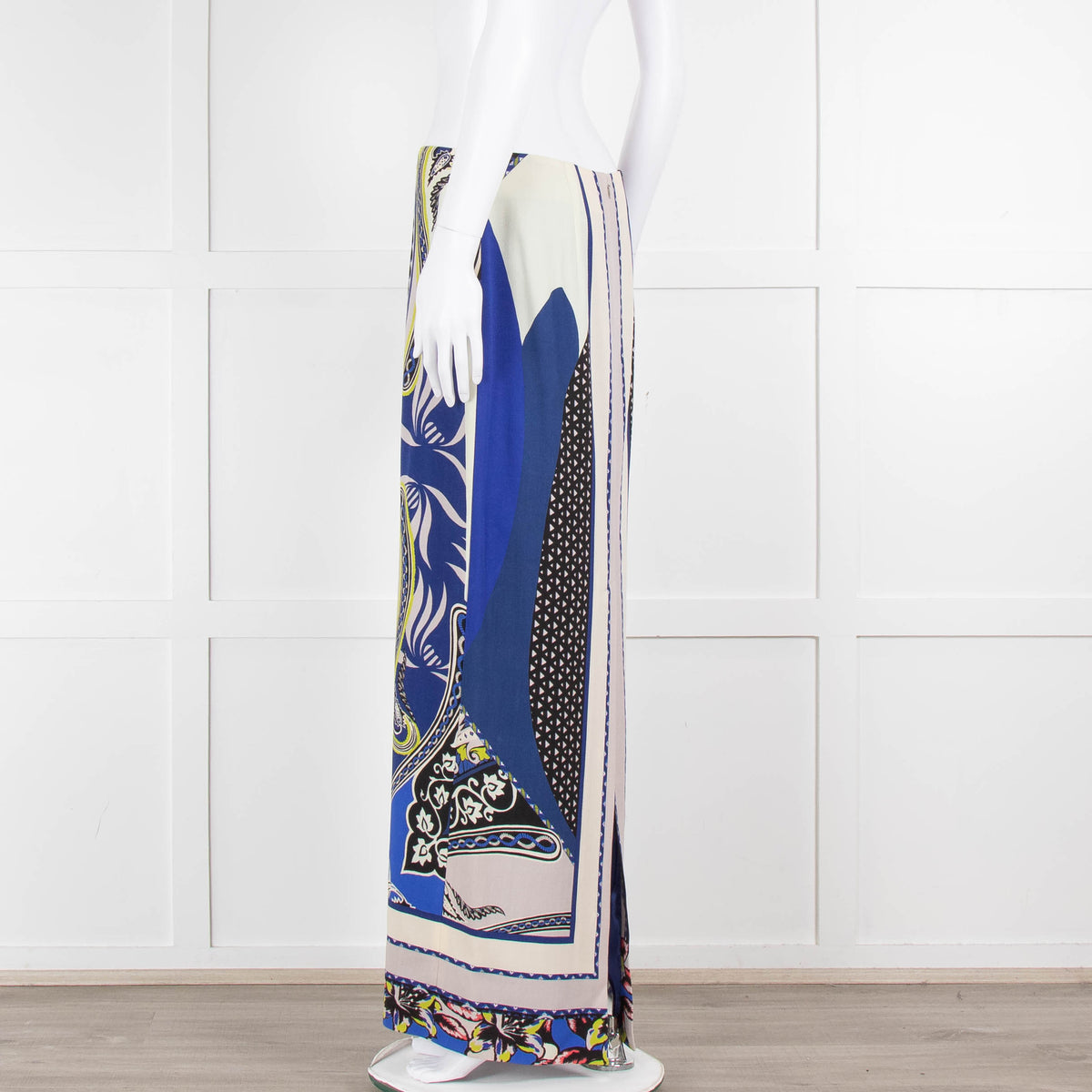 Etro Royal Blue Grey Paisley Straight Long Skirt