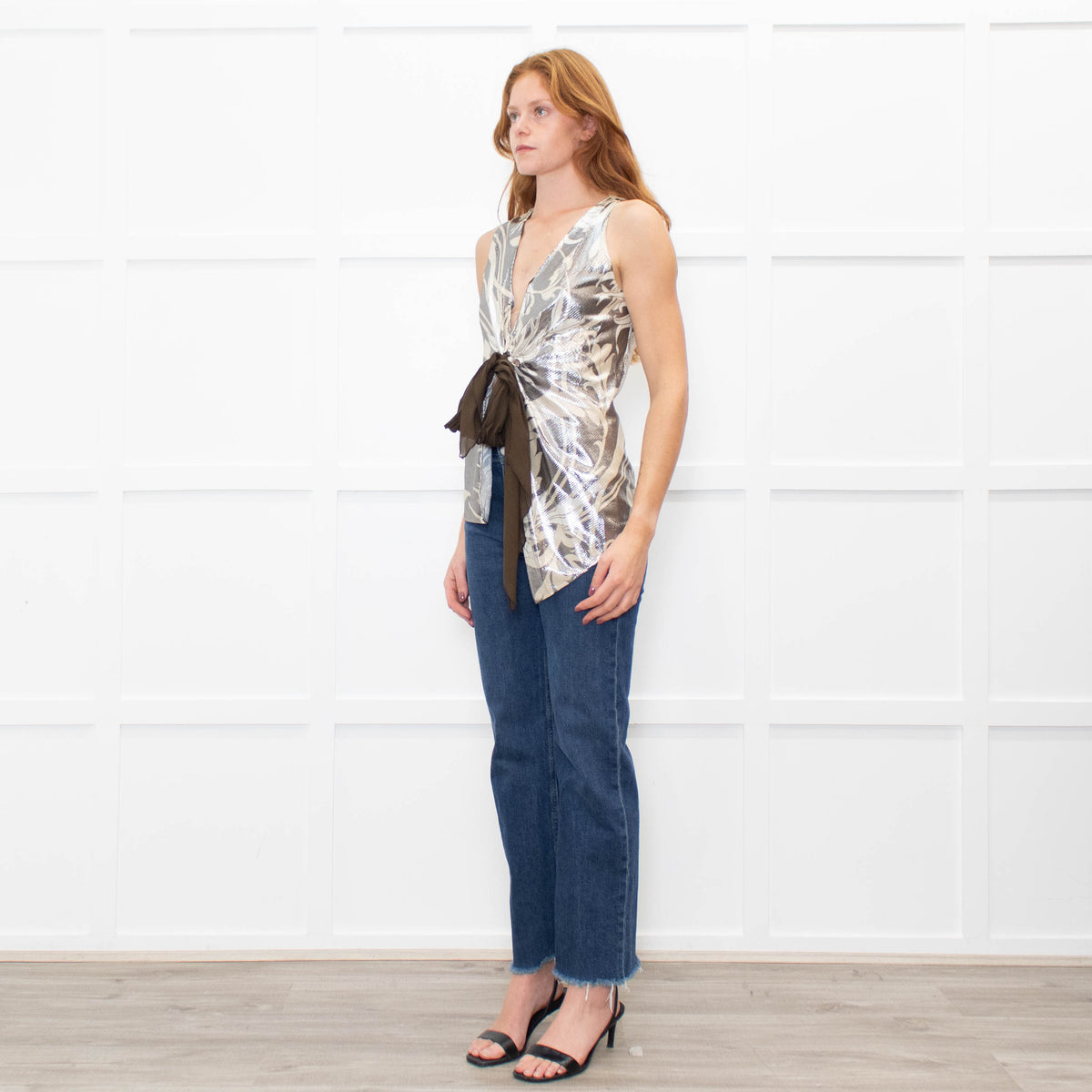 Sportmax Metallic Floral Sleeveless Tie Up Front Top