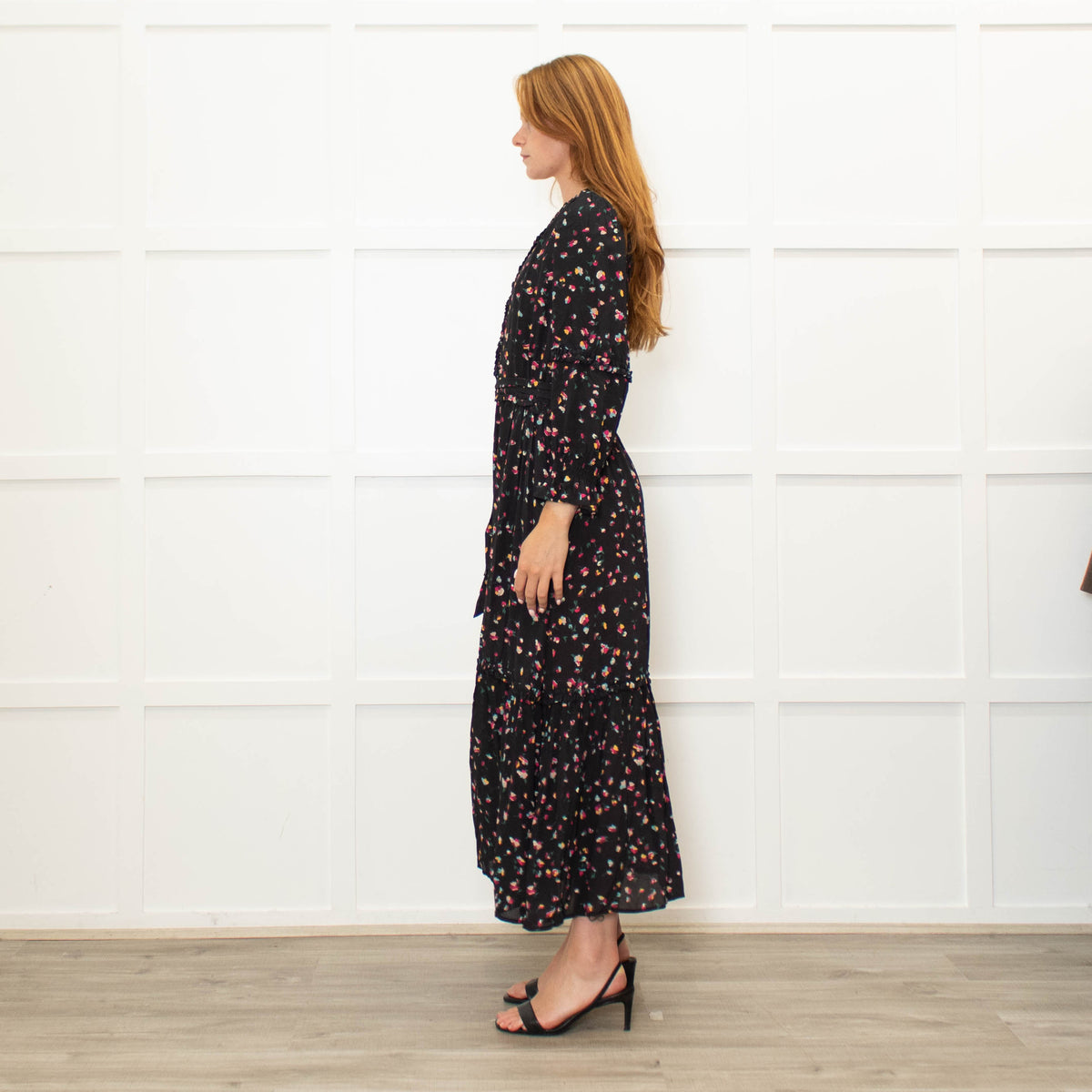 Wyse Black Multi Flower Print Full Length V Neck Dress