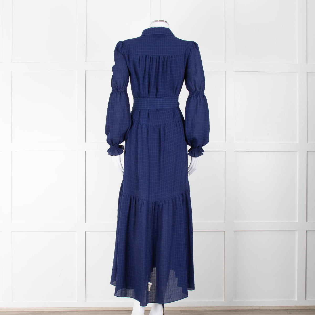 ME + EM Blue Tiered Long Sleeve Belted Maxi Dress