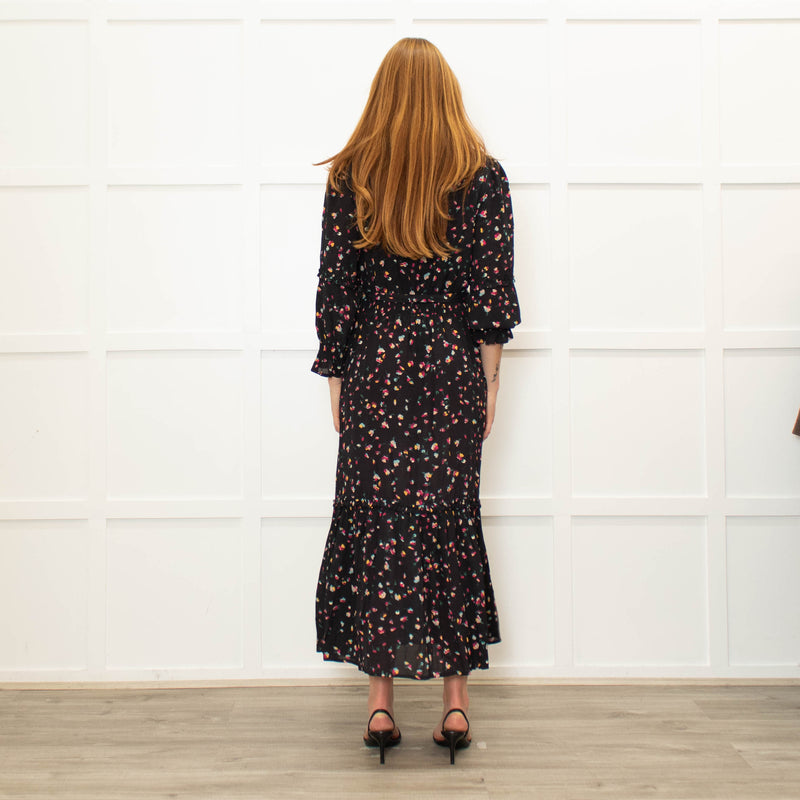 Wyse Black Multi Flower Print Full Length V Neck Dress