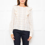 Sezane Cream Cotton Broderie Anglaise Frill Detail Blouse