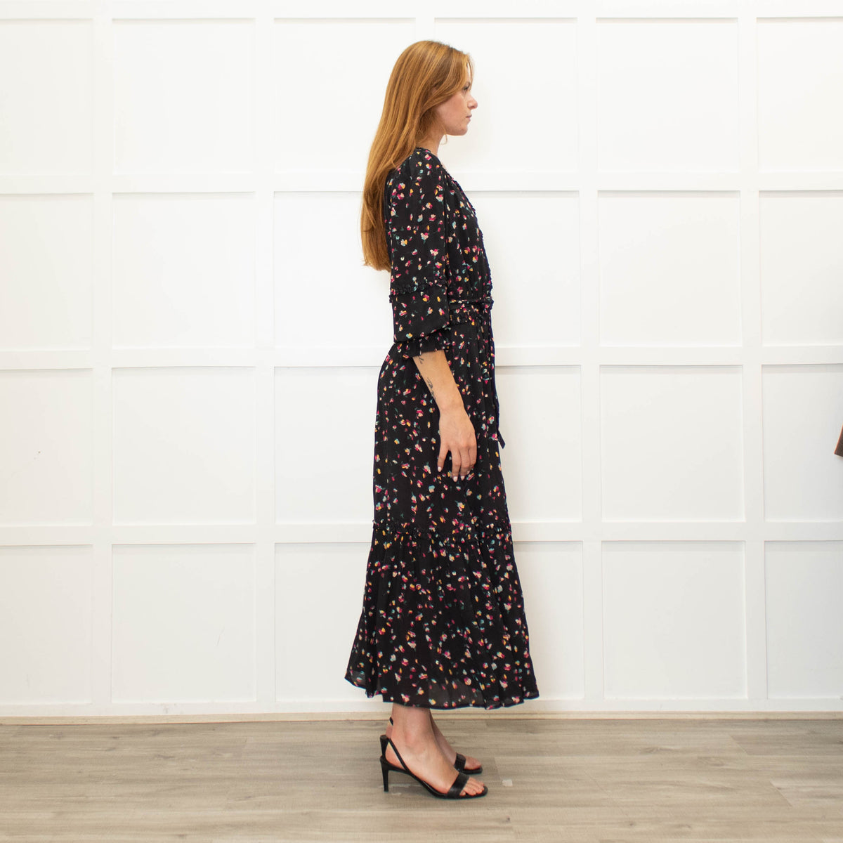 Wyse Black Multi Flower Print Full Length V Neck Dress