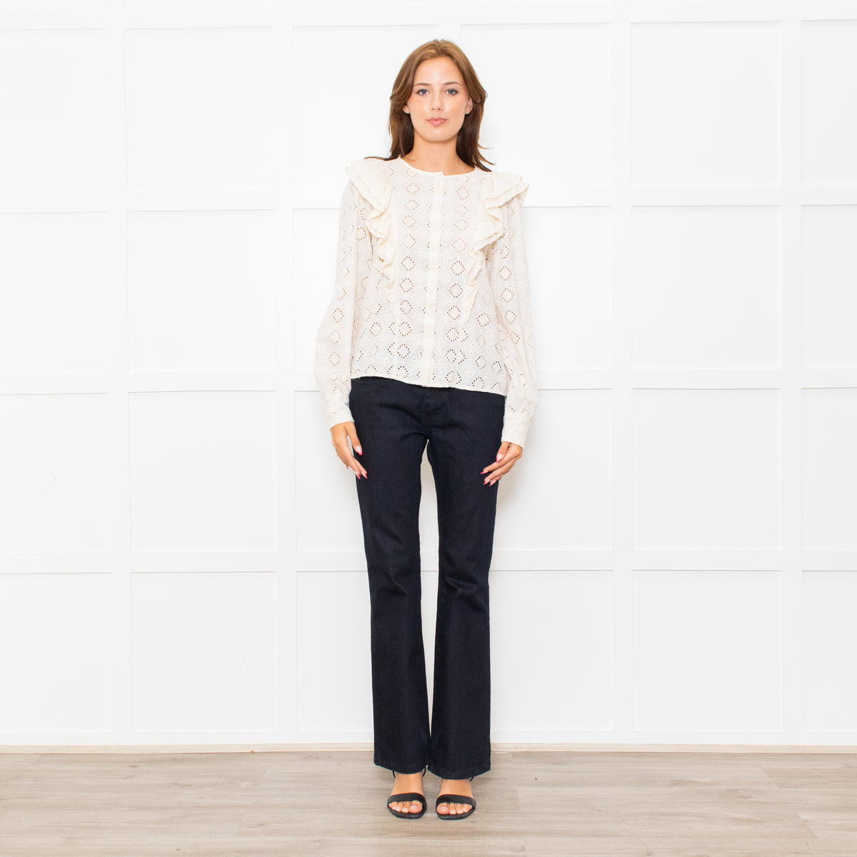 Sezane Cream Cotton Broderie Anglaise Frill Detail Blouse