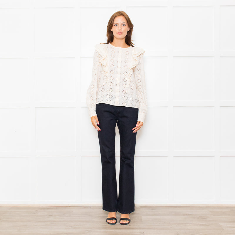 Sezane Cream Cotton Broderie Anglaise Frill Detail Blouse