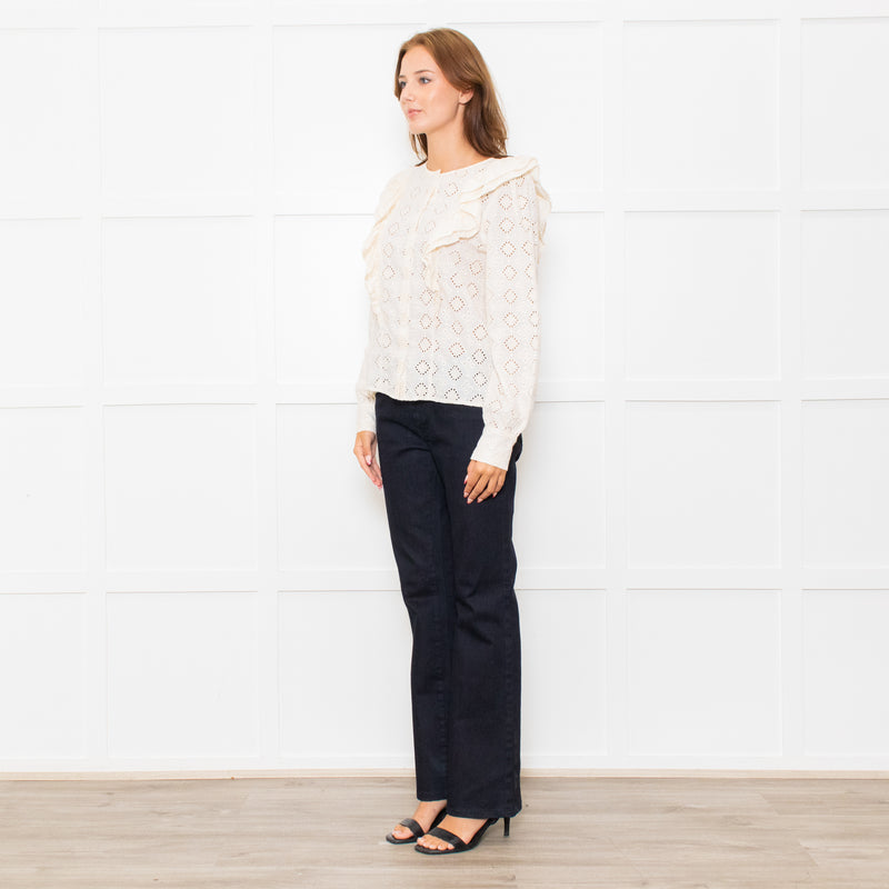 Sezane Cream Cotton Broderie Anglaise Frill Detail Blouse