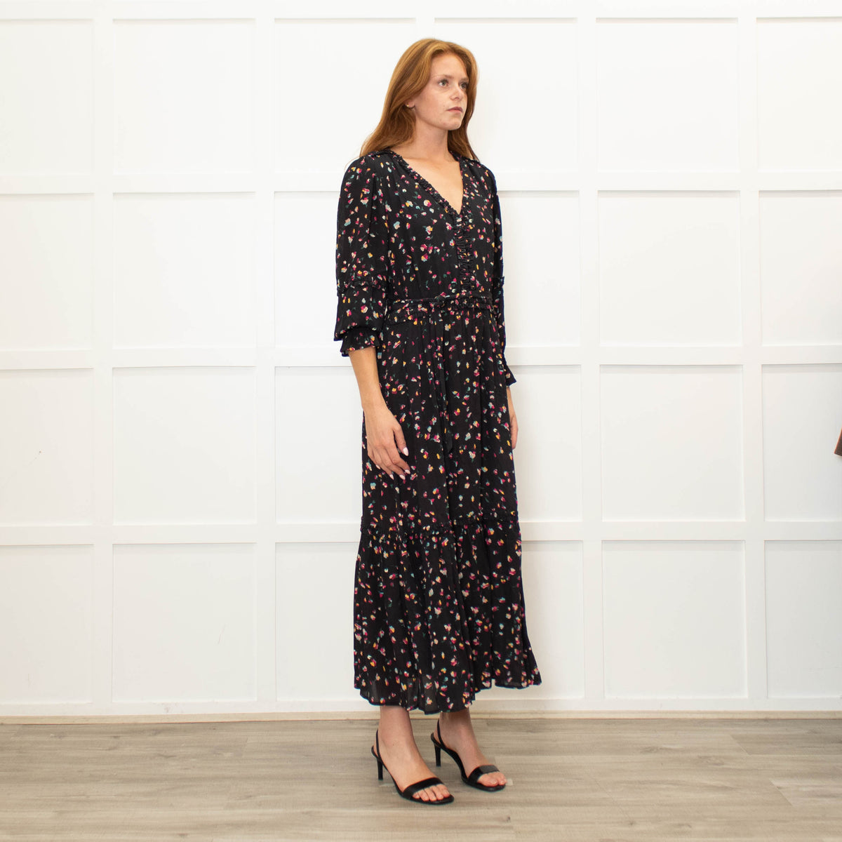 Wyse Black Multi Flower Print Full Length V Neck Dress