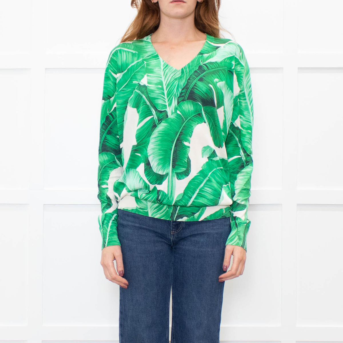 Dolce & Gabbana Cream Green Palm Leaf Print V-Neck Fine Knit Sweater
