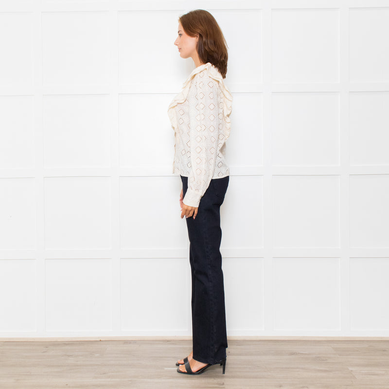 Sezane Cream Cotton Broderie Anglaise Frill Detail Blouse