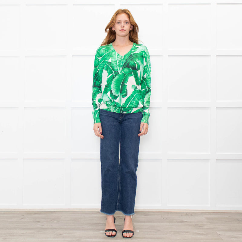Dolce & Gabbana Cream Green Palm Leaf Print V-Neck Fine Knit Sweater