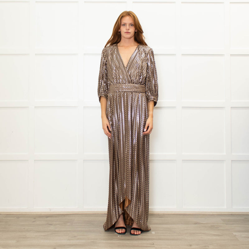 Ba&Sh Gold Zig Zag Full Length V Neck Dress