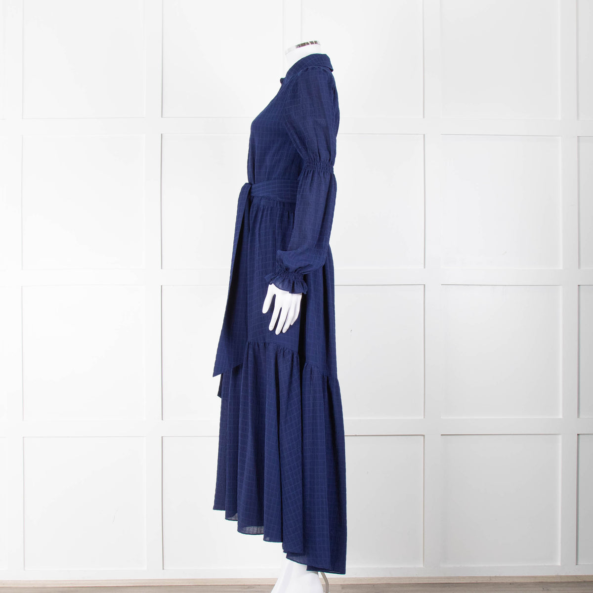 ME + EM Blue Tiered Long Sleeve Belted Maxi Dress
