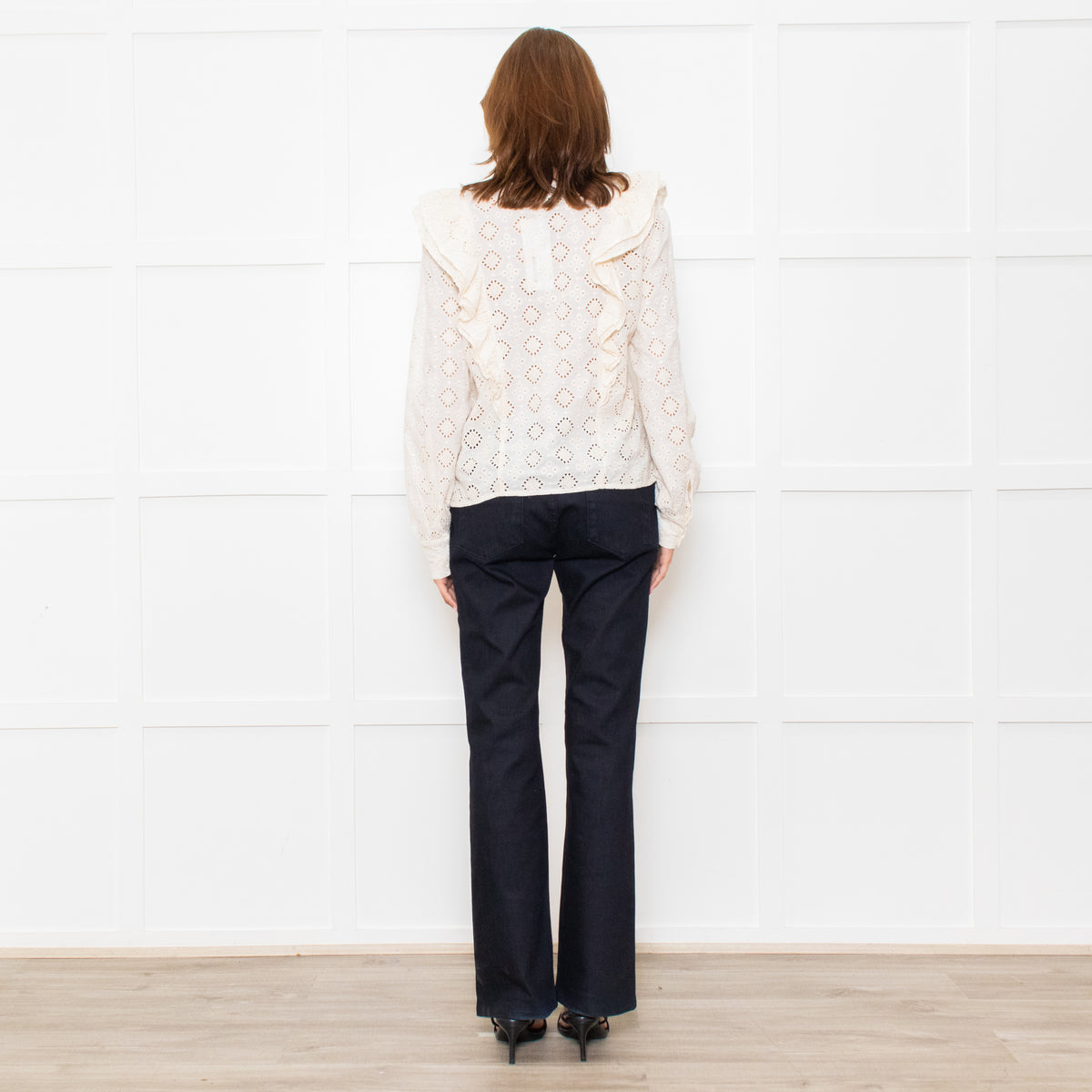 Sezane Cream Cotton Broderie Anglaise Frill Detail Blouse