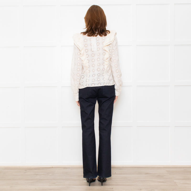 Sezane Cream Cotton Broderie Anglaise Frill Detail Blouse