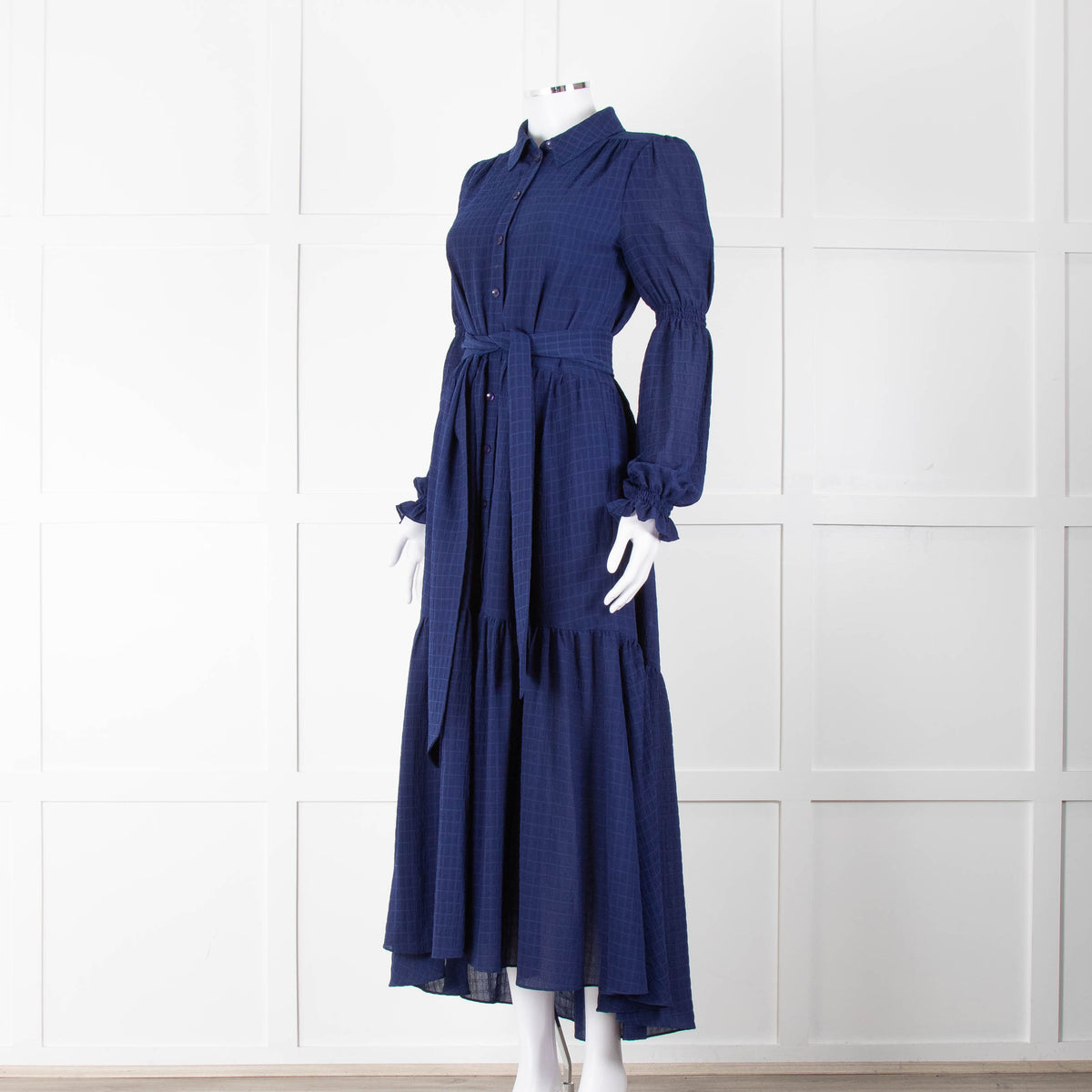 ME + EM Blue Tiered Long Sleeve Belted Maxi Dress