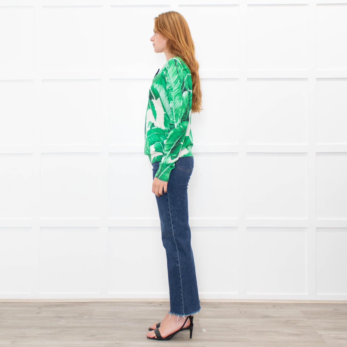 Dolce & Gabbana Cream Green Palm Leaf Print V-Neck Fine Knit Sweater