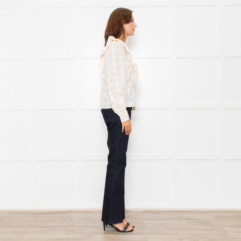 Sezane Cream Cotton Broderie Anglaise Frill Detail Blouse