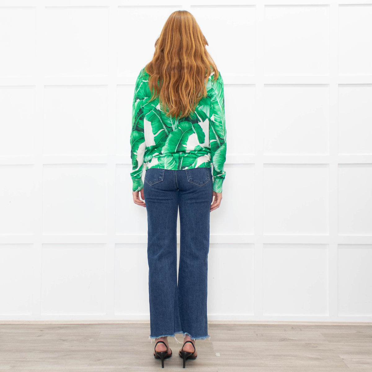 Dolce & Gabbana Cream Green Palm Leaf Print V-Neck Fine Knit Sweater