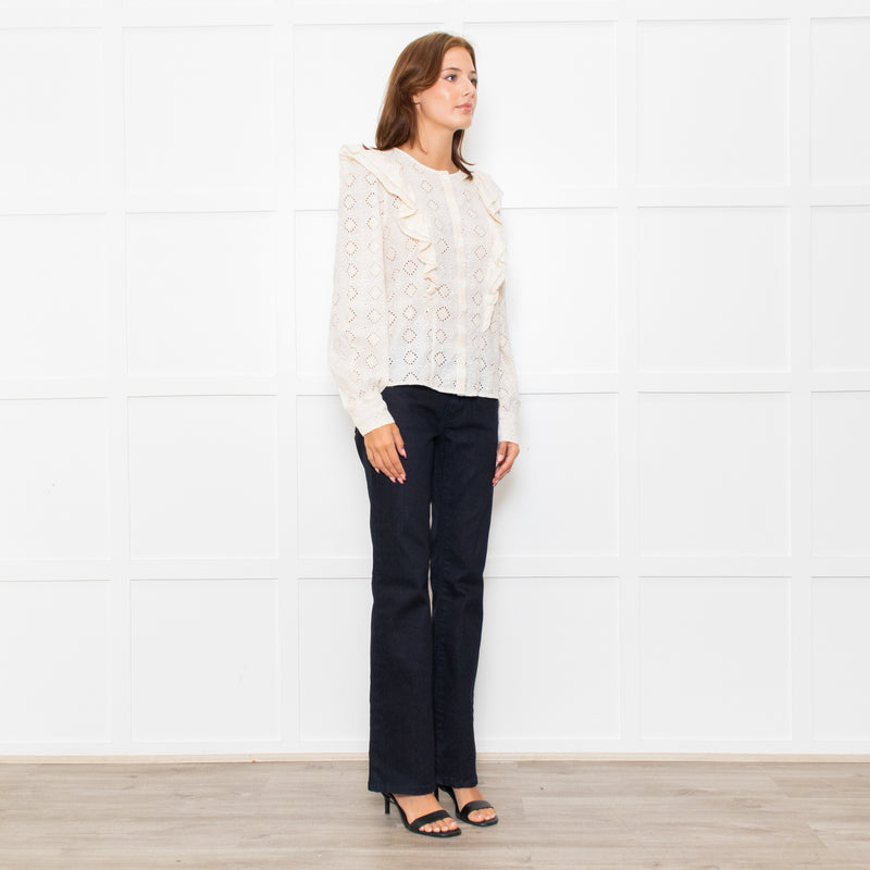Sezane Cream Cotton Broderie Anglaise Frill Detail Blouse