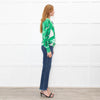 Dolce & Gabbana Cream Green Palm Leaf Print V-Neck Fine Knit Sweater
