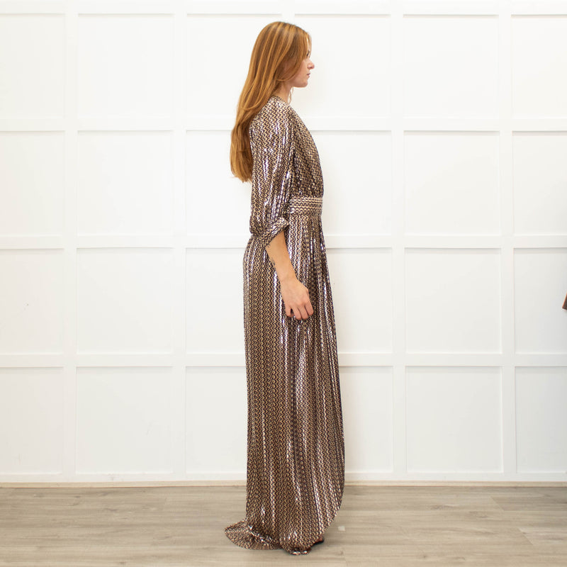 Ba&Sh Gold Zig Zag Full Length V Neck Dress