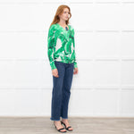 Dolce & Gabbana Cream Green Palm Leaf Print V-Neck Fine Knit Sweater