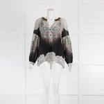 Hale Bob White Black Multi Print Embellished Trim Silk Blouse