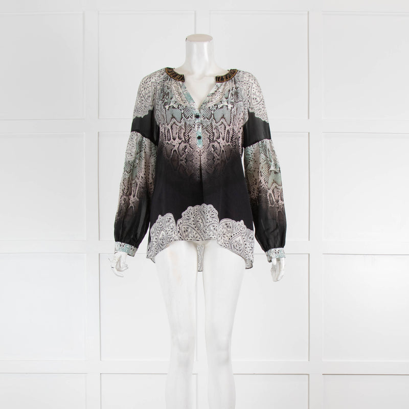 Hale Bob White Black Multi Print Embellished Trim Silk Blouse