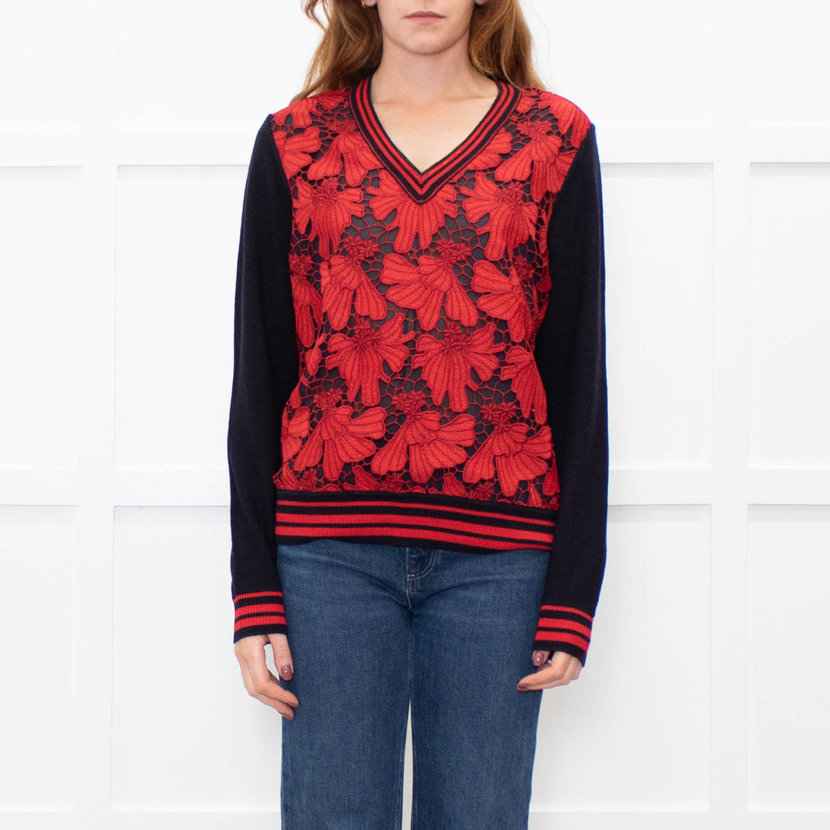 Tory Burch Navy Blue Red Lace Front V-Neck Sweater