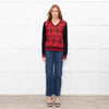 Tory Burch Navy Blue Red Lace Front V-Neck Sweater