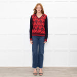 Tory Burch Navy Blue Red Lace Front V-Neck Sweater