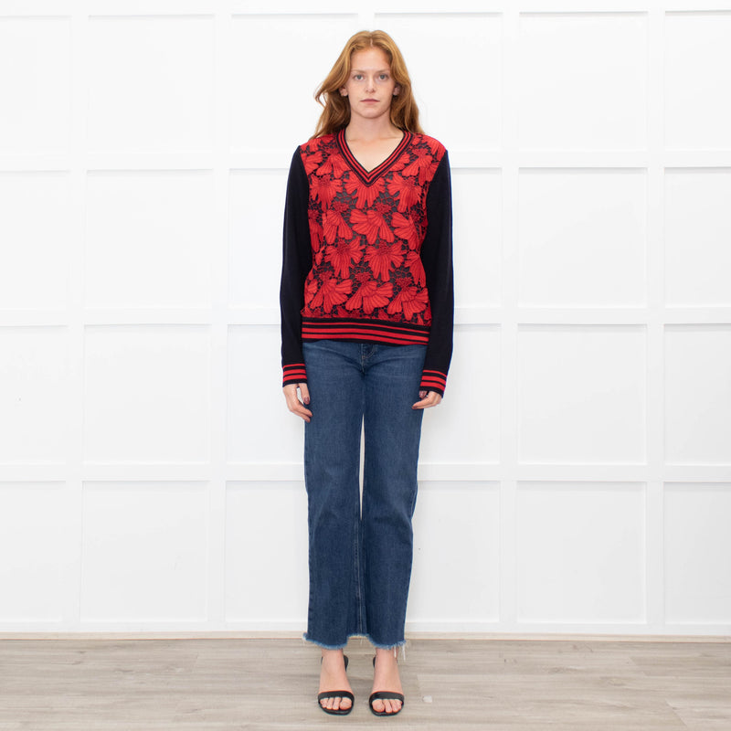 Tory Burch Navy Blue Red Lace Front V-Neck Sweater