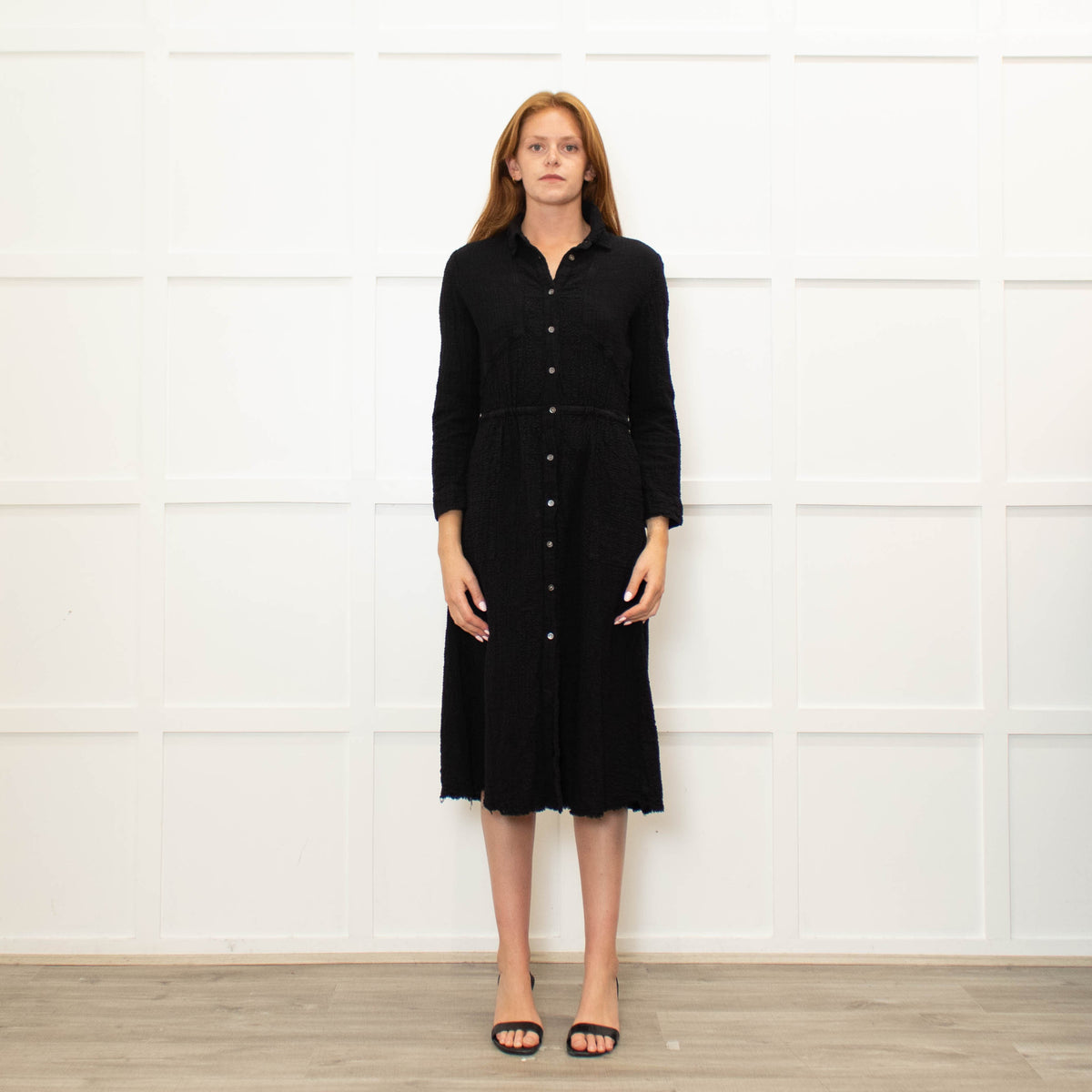 Raquel Allegra Black textured Cotton Long Sleeved Dress